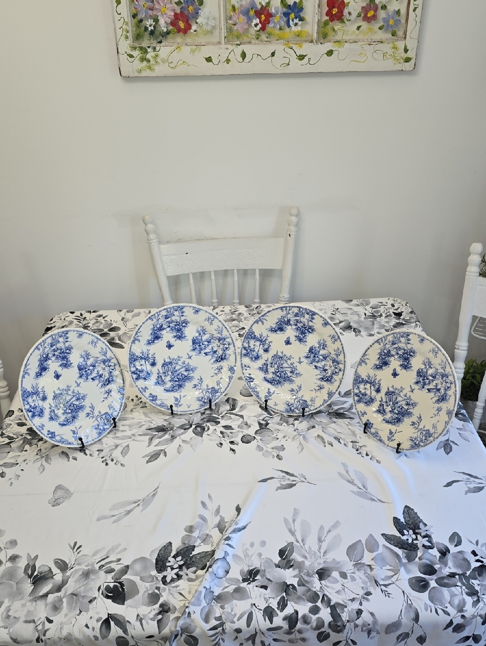 Vintage Queen's Chelsea Toile Fine Earthenware Set Of 4 Blue White Dinner Plates